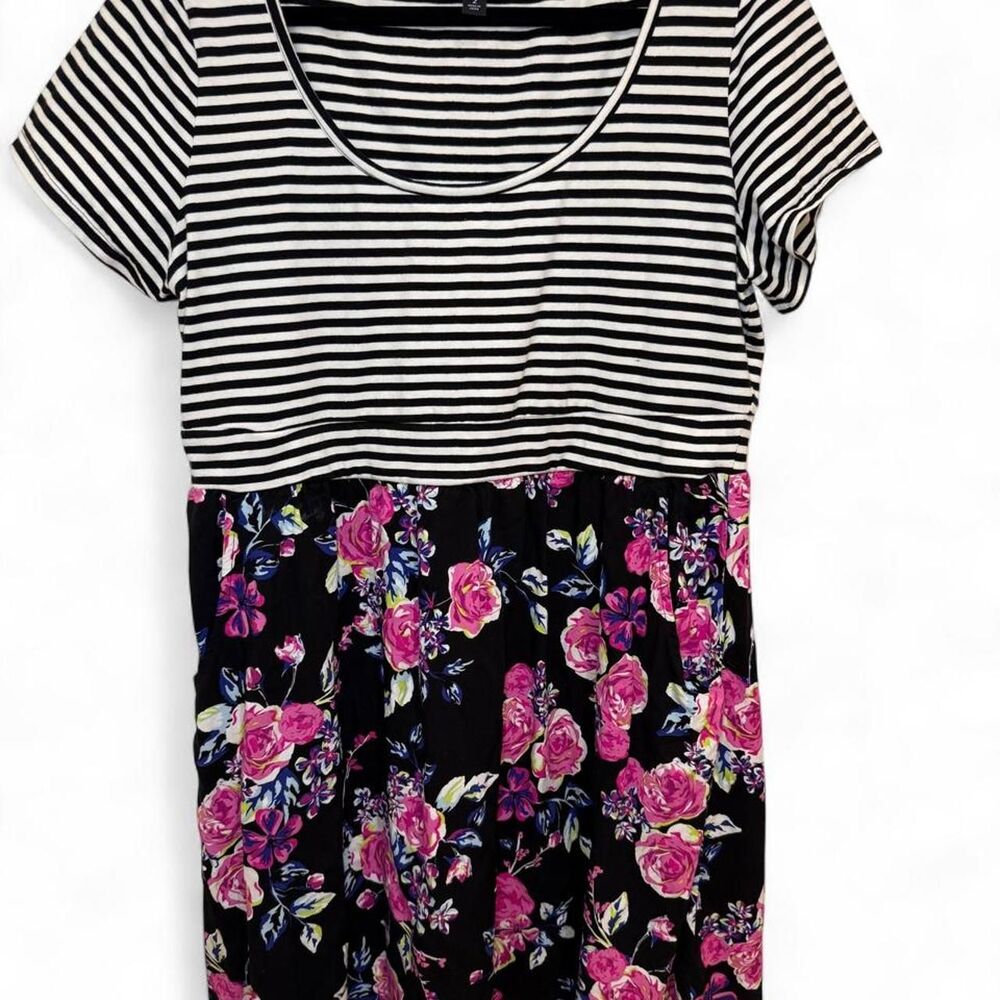 Torrid Women's Black & White Stripe Floral Pink Rose T-Shirt Dress w/Pockets